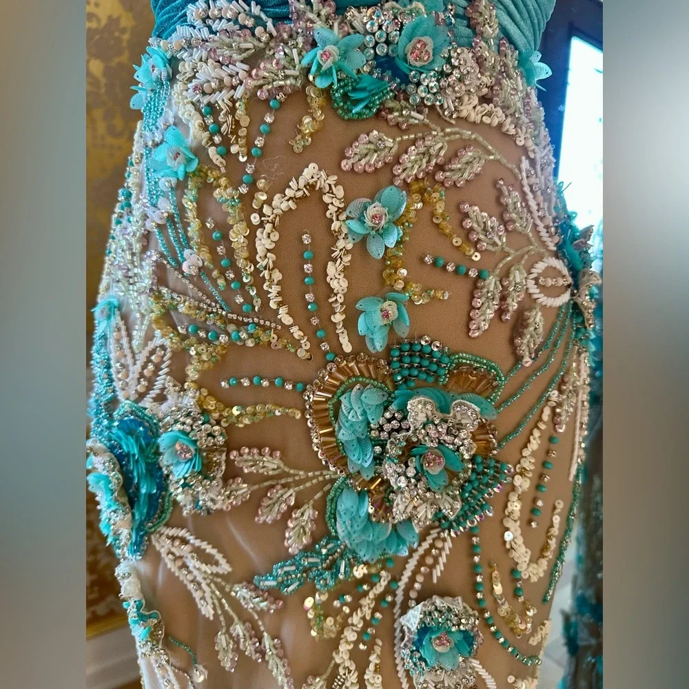 Crystal Beaded Formal Sweetheart Neckline Custom Gown Beige Turquoise Size 4 - Picture 11 of 16